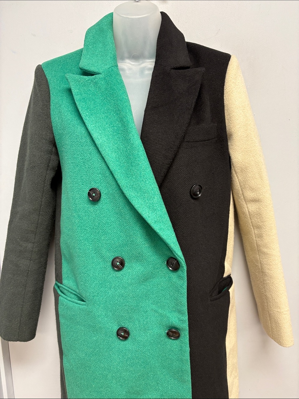 English Factory Colorblock Wool Blend Long Coat Green Black Cream S - Picture 3 of 15